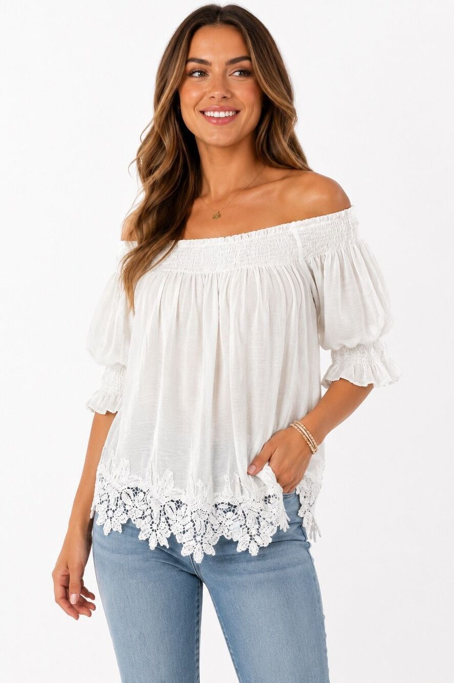 Umgee White Lace Trim Off Shoulder Boho Peasant Blouse Top Womens Size Small